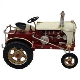 Vintage Metal Kırmızı-Krem Traktör Figürü ve Masaüstü Dekoratif Obje