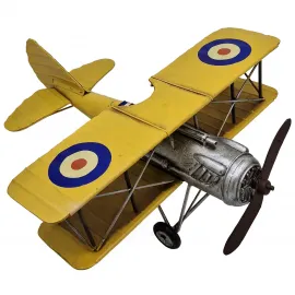 Gökyüzünün Nostaljik Ruhu: El Yapımı Sarı Metal Dekoratif Biplane Uçak Maketi