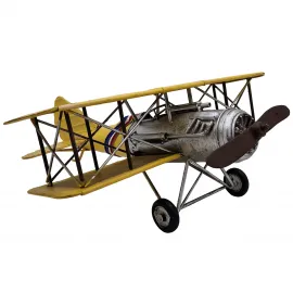 Gökyüzünün Nostaljik Ruhu: El Yapımı Sarı Metal Dekoratif Biplane Uçak Maketi