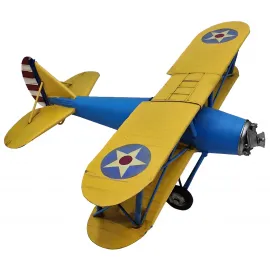 Gökyüzünün İki Rengi: Büyük Boy El Yapımı Mavi-Sarı Biplane Dekoratif Uçak Modeli
