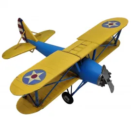 Gökyüzünün İki Rengi: Büyük Boy El Yapımı Mavi-Sarı Biplane Dekoratif Uçak Modeli
