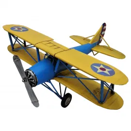 Gökyüzünün İki Rengi: Büyük Boy El Yapımı Mavi-Sarı Biplane Dekoratif Uçak Modeli