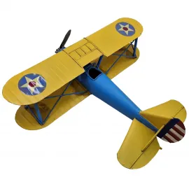 Gökyüzünün İki Rengi: Büyük Boy El Yapımı Mavi-Sarı Biplane Dekoratif Uçak Modeli