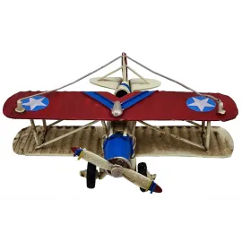 Vintage Kırmızı-Mavi Amerikan Askeri Biplane Dekoratif Metal Uçak Modeli