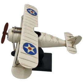 Vintage Krem Askeri Biplane Uçak Modeli Standlı - Dekoratif Metal