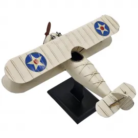 Vintage Krem Askeri Biplane Uçak Modeli Standlı - Dekoratif Metal