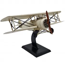 Vintage Krem Askeri Biplane Uçak Modeli Standlı - Dekoratif Metal