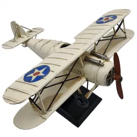 Vintage Krem Askeri Biplane Uçak Modeli Standlı - Dekoratif Metal