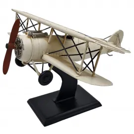 Vintage Krem Askeri Biplane Uçak Modeli Standlı - Dekoratif Metal