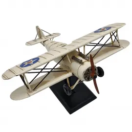 Vintage Krem Askeri Biplane Uçak Modeli Standlı - Dekoratif Metal