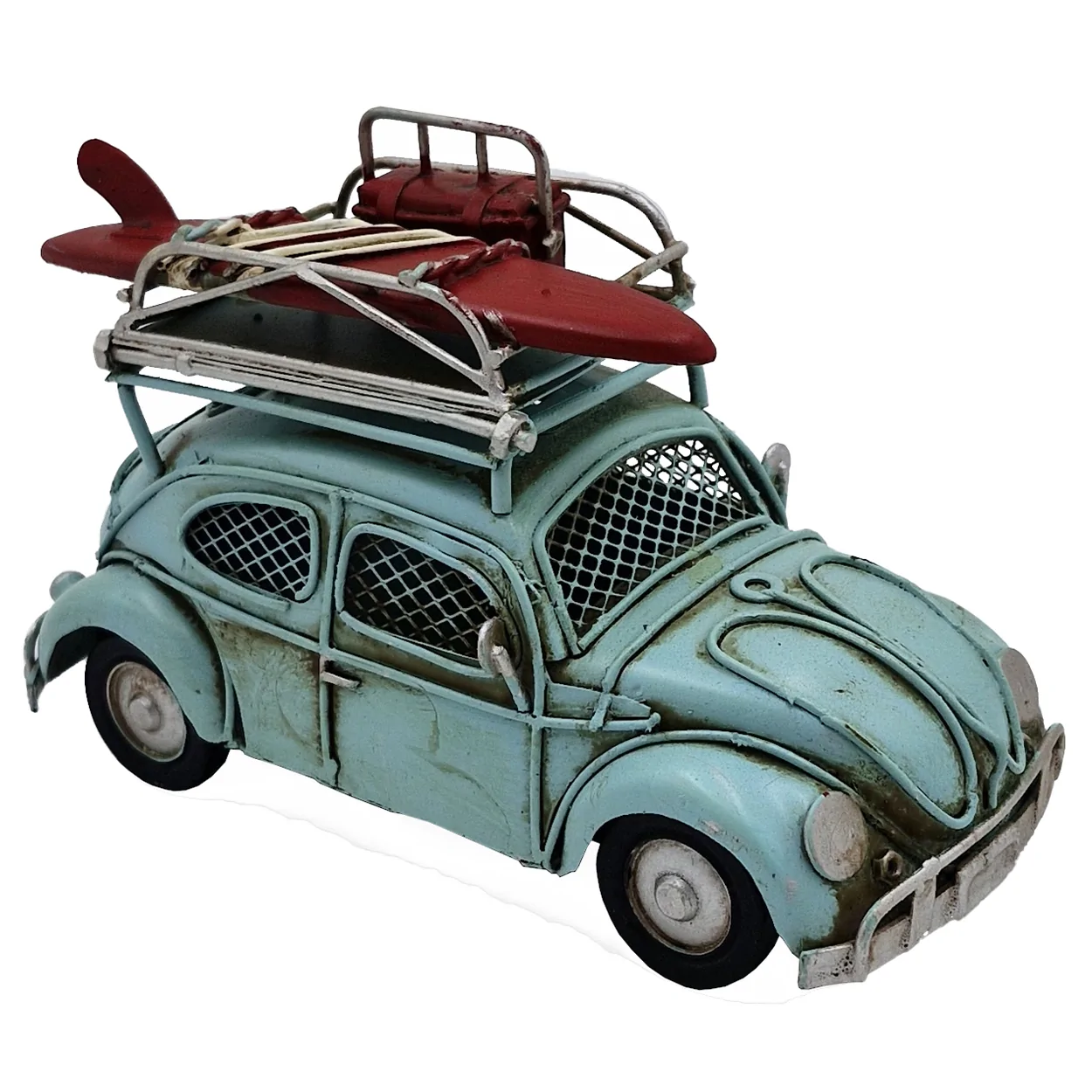 Vintage Mavi Sörf Tahtalı Vosvos Araba Kumbara ve Çerçeveli Dekoratif Metal Biblo