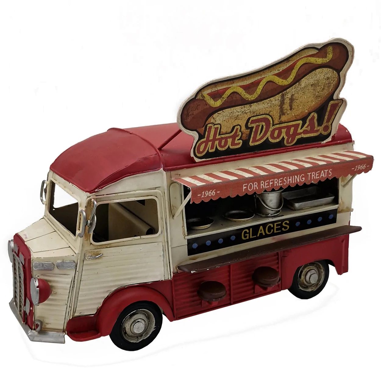 Vintage Metal Hot Dog Büfesi Kamyonet Modeli - Retro Fast Food Temalı Dekoratif Figür