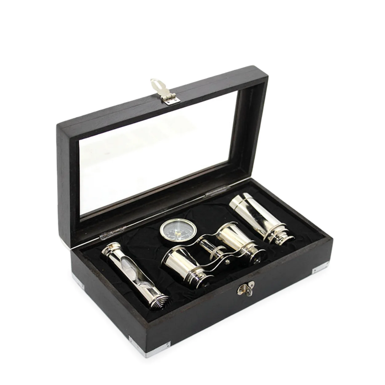 Antika Tarzı Ahşap Kutulu Pirinç Dürbün, Pusula ve Kumsaati Seti - Keşif Ruhunu Yansıtan Özel Dekor Antika Tarzı Ahşap Kutulu Pirinç Dürbün, Pusula ve Kumsaati Seti - Keşif Ruhunu Yansıtan Özel Dekor