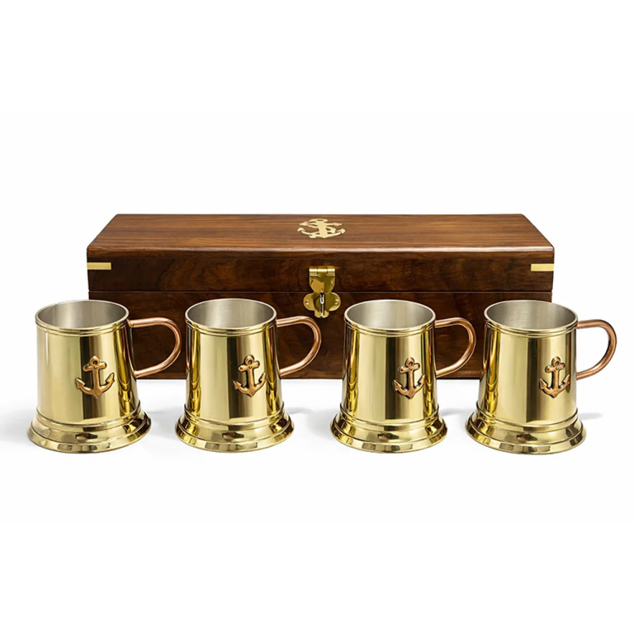 Lüks Ahşap Kutulu 4'lü Pirinç Denizci Kupası Seti | Çapa Temalı Özel Tasarım Tankardlar Lüks Ahşap Kutulu 4'lü Pirinç Denizci Kupası Seti | Çapa Temalı Özel Tasarım Tankardlar