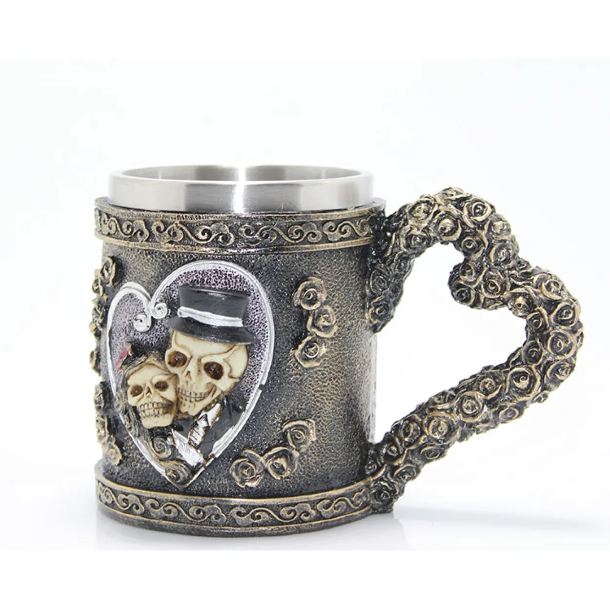 Kuru Kafa Gelin Damat Temalı Paslanmaz Çelik Kalp Saplı Kupa Bardak – Gotik Dekorasyon Kuru Kafa Gelin Damat Temalı Paslanmaz Çelik Kalp Saplı Kupa Bardak – Gotik Dekorasyon