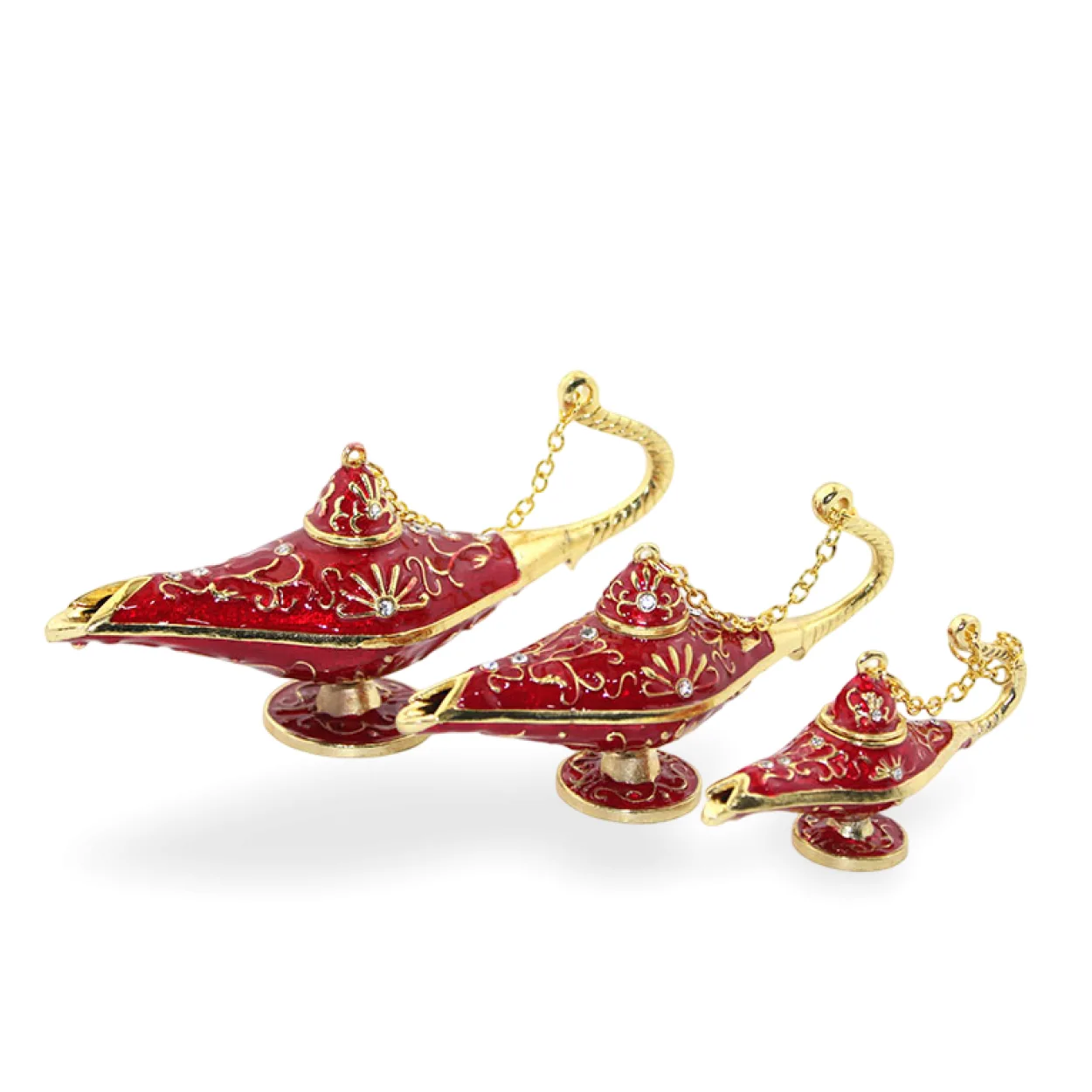 Swarovski Taşlı Kırmızı Altın Detaylı 3'lü Alaaddin Lambası Biblo Dekoratif Seti Swarovski Taşlı Kırmızı Altın Detaylı 3'lü Alaaddin Lambası Biblo Dekoratif Seti