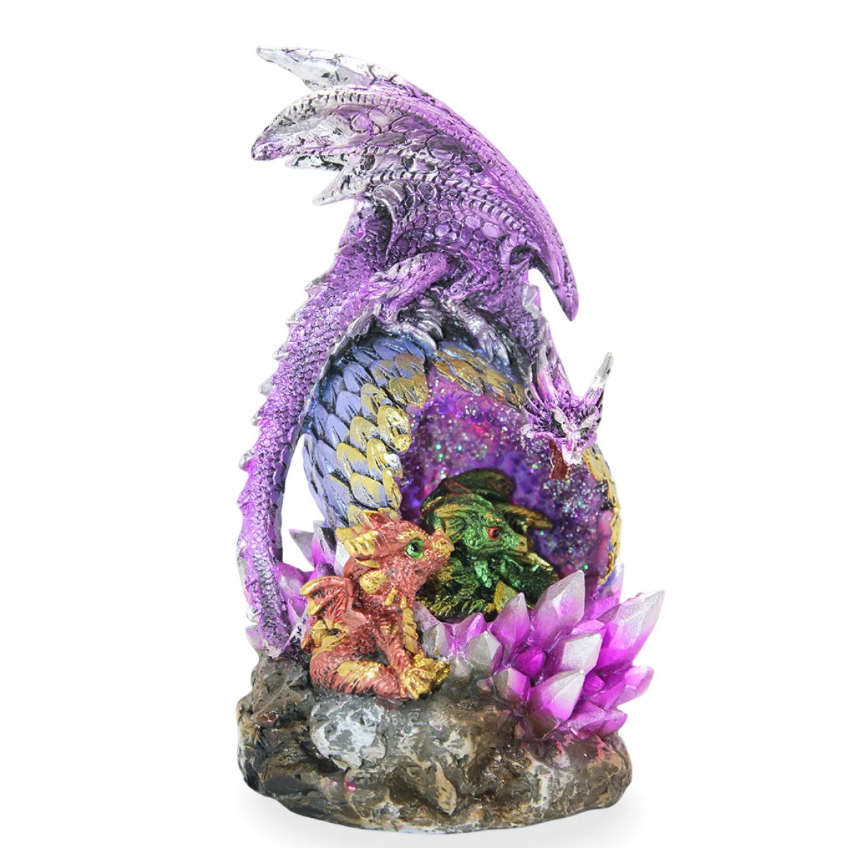 Işıklı Mor Kristal Yuvasında Ejderha Ailesi Biblo Figür | Koruyucu Anne Dragon Işıklı Mor Kristal Yuvasında Ejderha Ailesi Biblo Figür | Koruyucu Anne Dragon