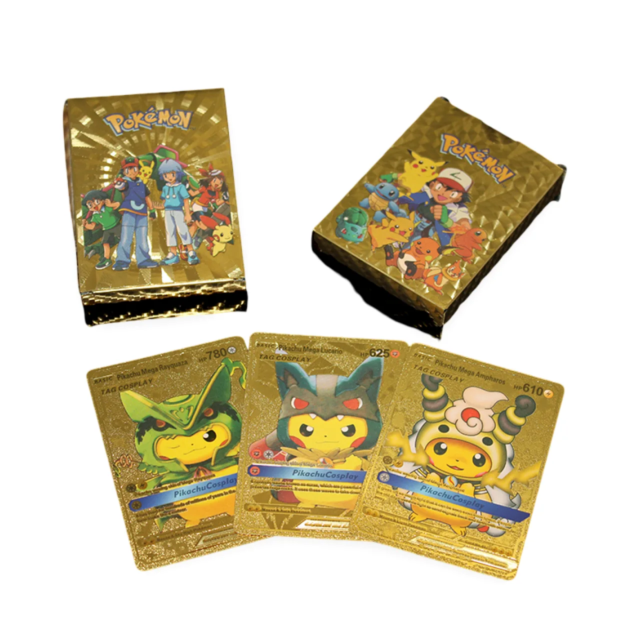 Premium Altın Pokemon Kart Destesi: Pikachu Mega Rayquaza, Lucario & Ampharos Kostüm Seti Premium Altın Pokemon Kart Destesi: Pikachu Mega Rayquaza, Lucario & Ampharos Kostüm Seti