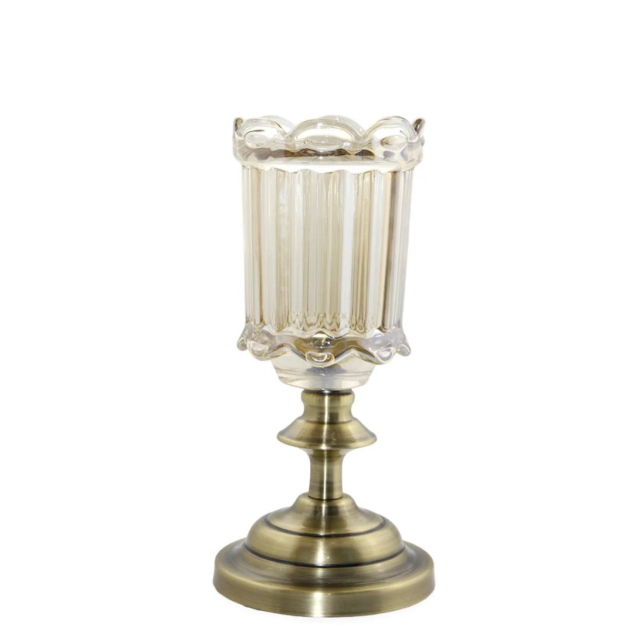 Eskitme Pirinç Görünümlü Kaideli Tekli Dekoratif Cam Şamdan Mumluk - Şık Ev Dekoru Eskitme Pirinç Görünümlü Kaideli Tekli Dekoratif Cam Şamdan Mumluk - Şık Ev Dekoru