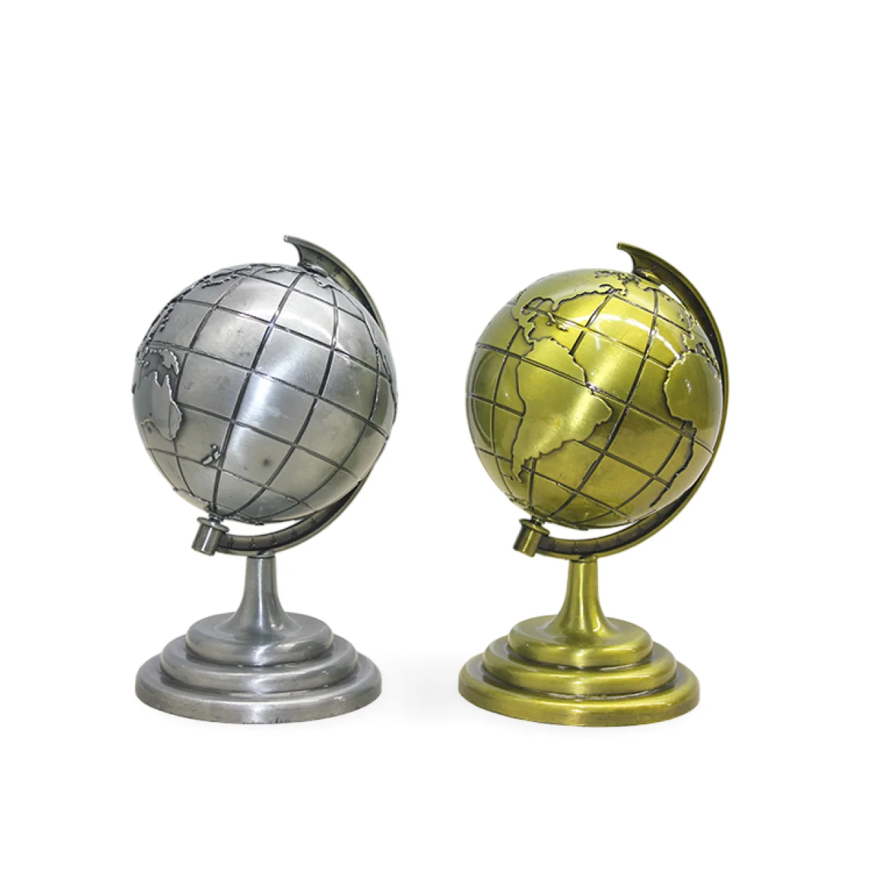 Antik Stil Metal Dünya Küreler: Gümüş ve Altın Renk Masaüstü Dekoratif Set Antik Stil Metal Dünya Küreler: Gümüş ve Altın Renk Masaüstü Dekoratif Set