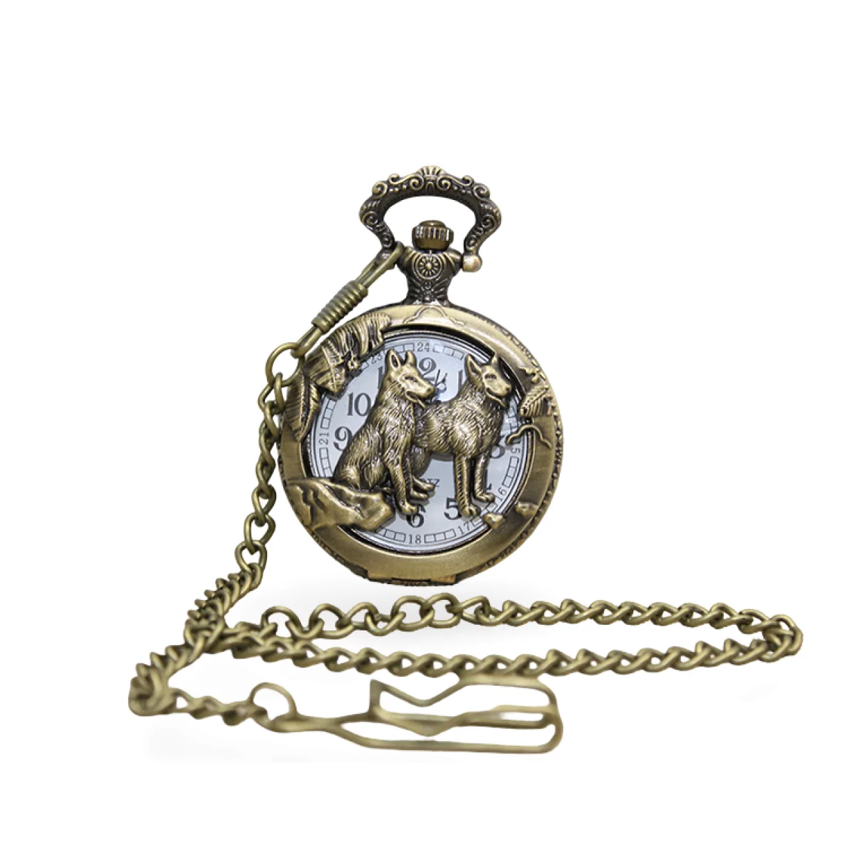 Vintage Antik Bronz Kurt Figürlü Tasarım Köstekli Cep Saati Zincirli Erkek Hediye Vintage Antik Bronz Kurt Figürlü Tasarım Köstekli Cep Saati Zincirli Erkek Hediye