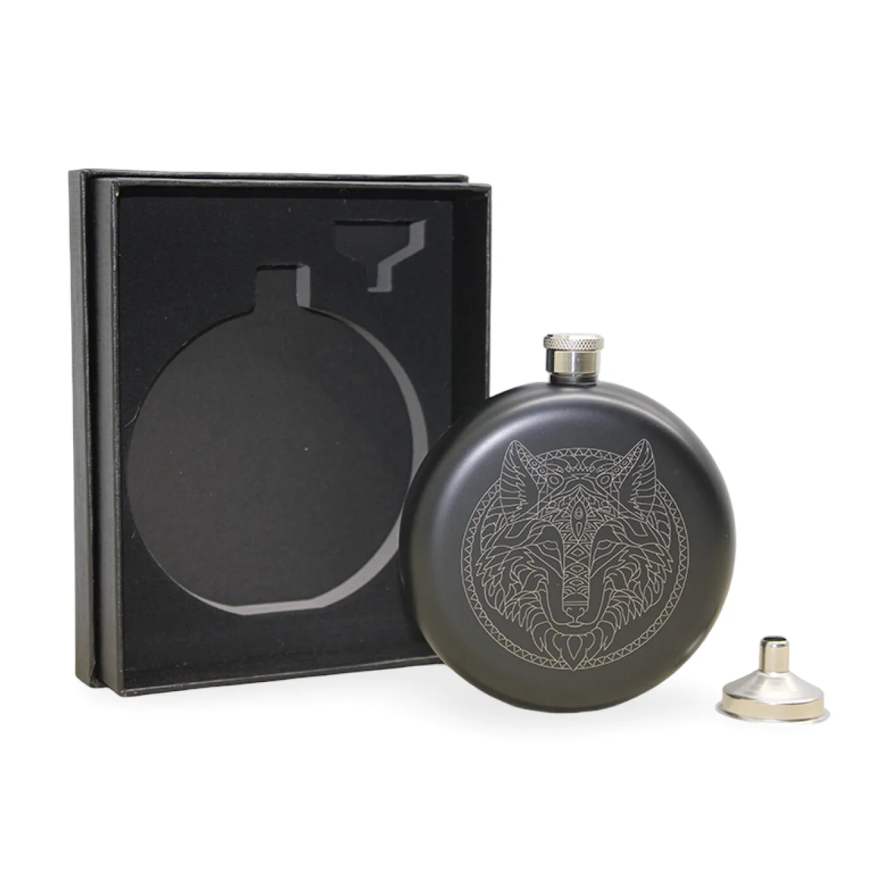 Kurt Motifli Siyah Matara Seti | Özel Huni Hediyeli Paslanmaz Çelik Şık Tasarım Kurt Motifli Siyah Matara Seti | Özel Huni Hediyeli Paslanmaz Çelik Şık Tasarım