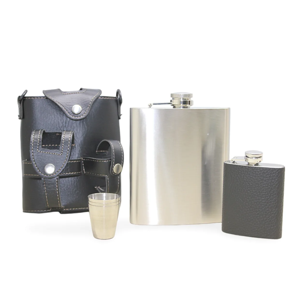 Taşınabilir Deri Kılıflı Cep Matarası, Büyük Boy Paslanmaz Çelik Matara ve Çelik Shot Bardağı Seti Taşınabilir Deri Kılıflı Cep Matarası, Büyük Boy Paslanmaz Çelik Matara ve Çelik Shot Bardağı Seti