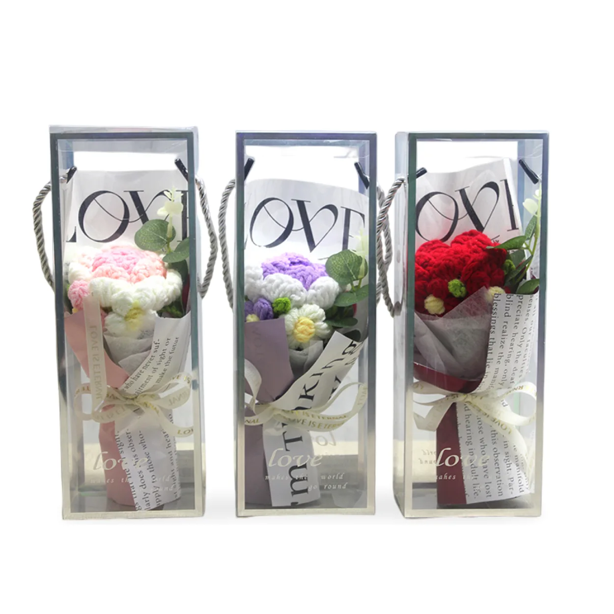 El Örgüsü Tığ İşi Gül ve Papatya Buketi – Şeffaf Kutusunda Kalıcı Hediye El Örgüsü Tığ İşi Gül ve Papatya Buketi – Şeffaf Kutusunda Kalıcı Hediye