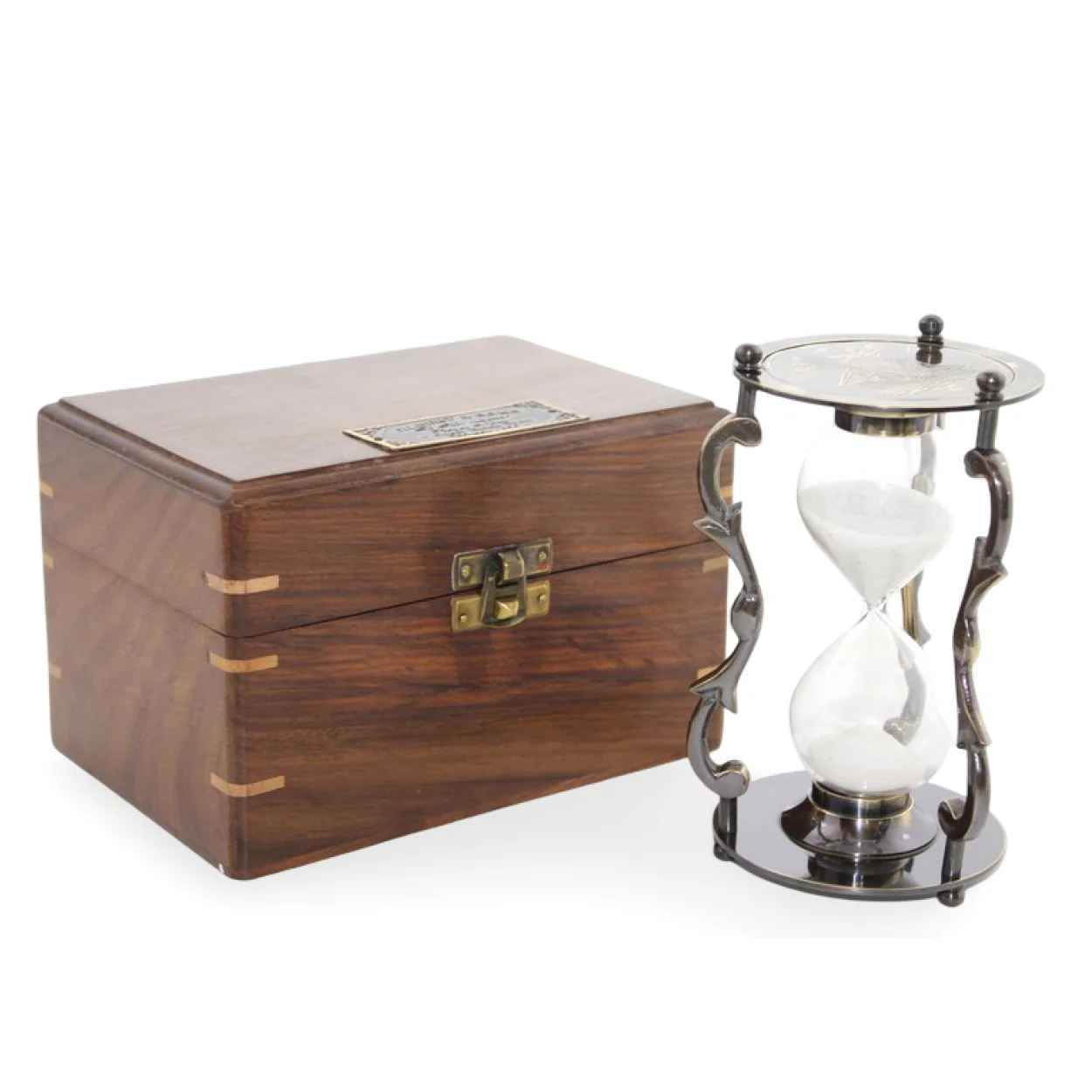 Dekoratif Ahşap Kutulu Pirinç Kum Saati | Vintage Stil Ofis ve Ev Dekoru Hediye