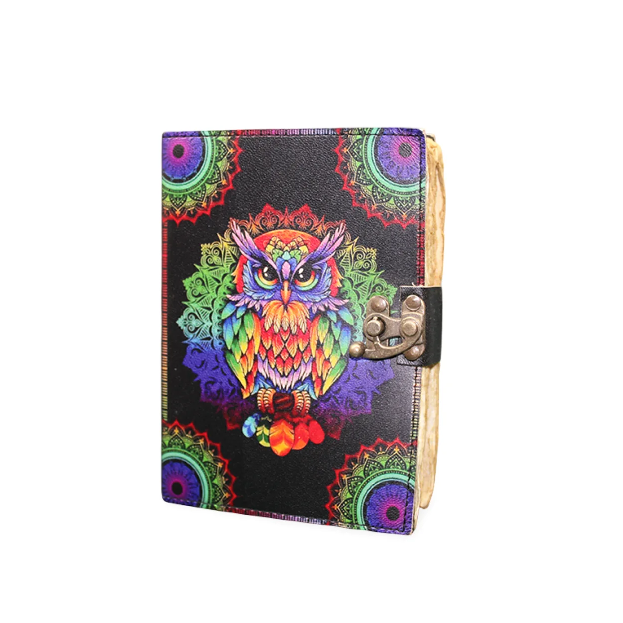 Renkli Mandala Baykuş Desenli Kilitli Vintage El Yapımı Deri Günlük Defter Renkli Mandala Baykuş Desenli Kilitli Vintage El Yapımı Deri Günlük Defter