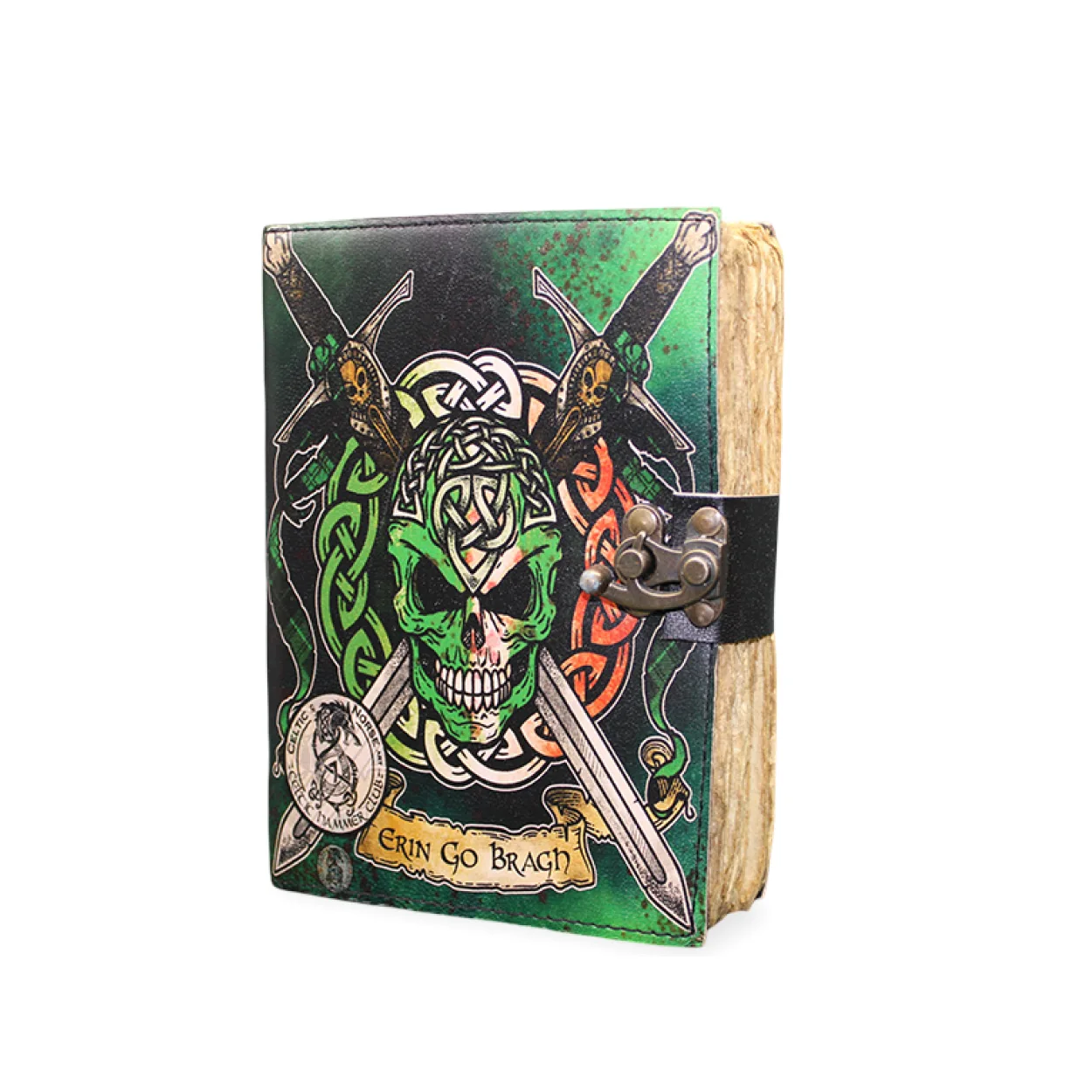 Erin Go Bragh Yeşil Celtic Kurukafa ve Kılıç Temalı Kilitli Vintage Deri Günlük Defter Erin Go Bragh Yeşil Celtic Kurukafa ve Kılıç Temalı Kilitli Vintage Deri Günlük Defter