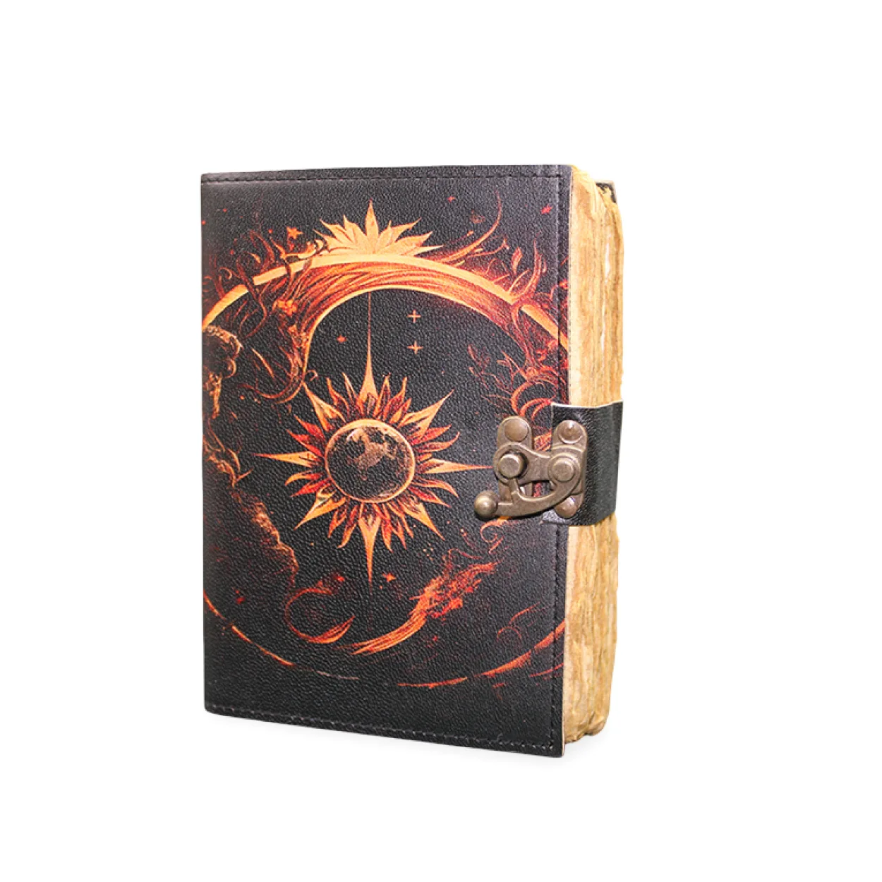 Mistik Güneş ve Ay Tasarımlı Kilitli Deri Defter - Özel El Yapımı Günlük 18x13cm Mistik Güneş ve Ay Tasarımlı Kilitli Deri Defter - Özel El Yapımı Günlük 18x13cm