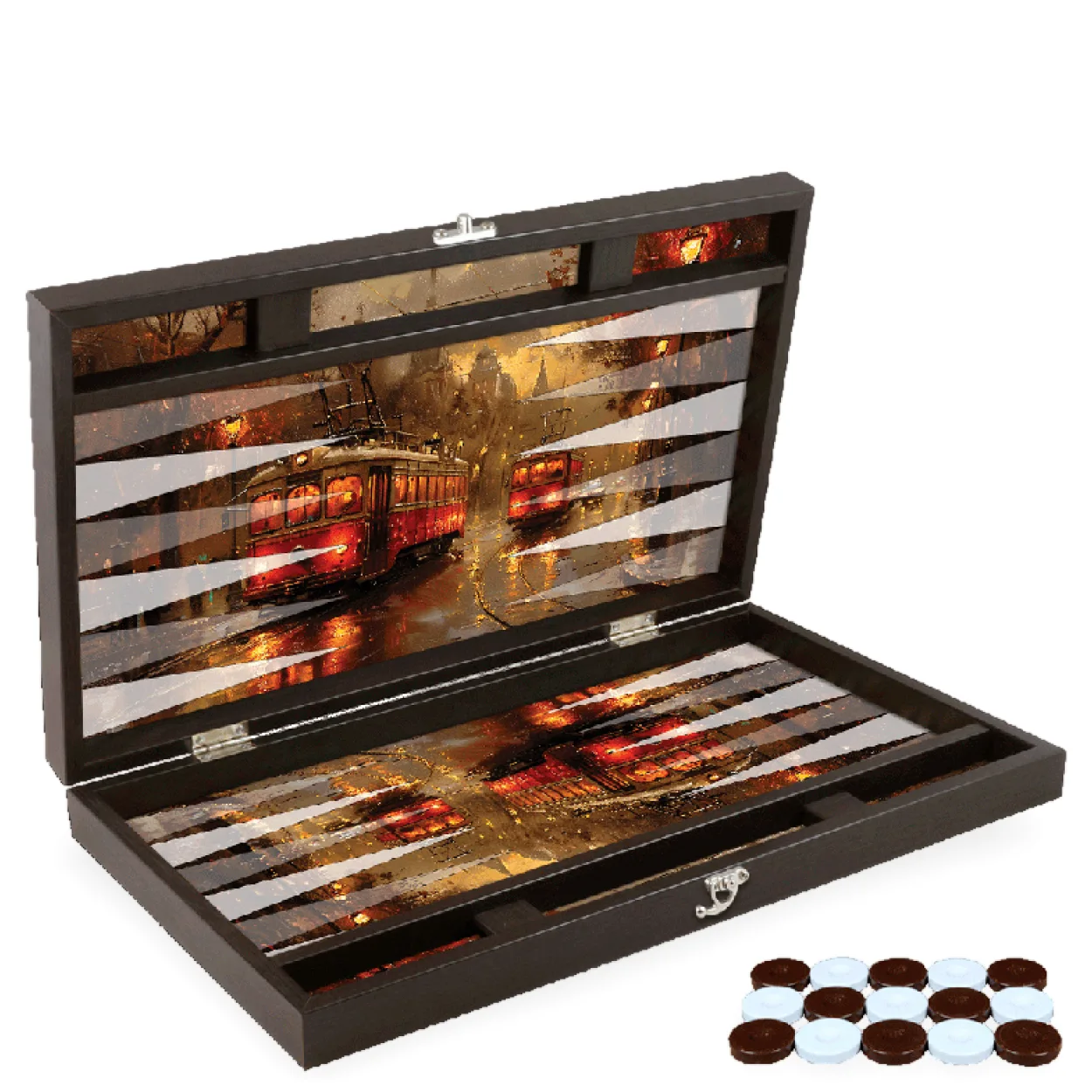 Lüks Derili Trendy Tramvay Tasarımı Tavla Seti | Şehir Manzaralı Sanatsal Backgammon | Özel Hediyelik Lüks Derili Trendy Tramvay Tasarımı Tavla Seti | Şehir Manzaralı Sanatsal Backgammon | Özel Hediyelik