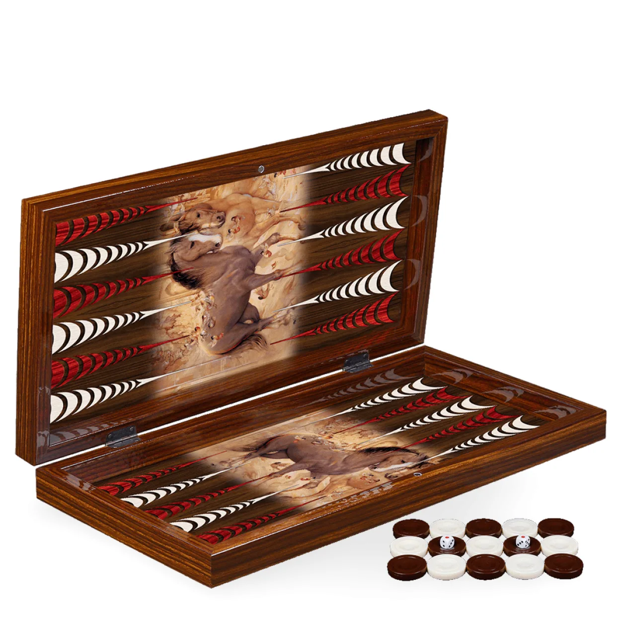 Lüks El Yapımı At Desenli Ceviz Tavla Takımı - Premium Koleksiyon Oyun Seti Lüks El Yapımı At Desenli Ceviz Tavla Takımı - Premium Koleksiyon Oyun Seti