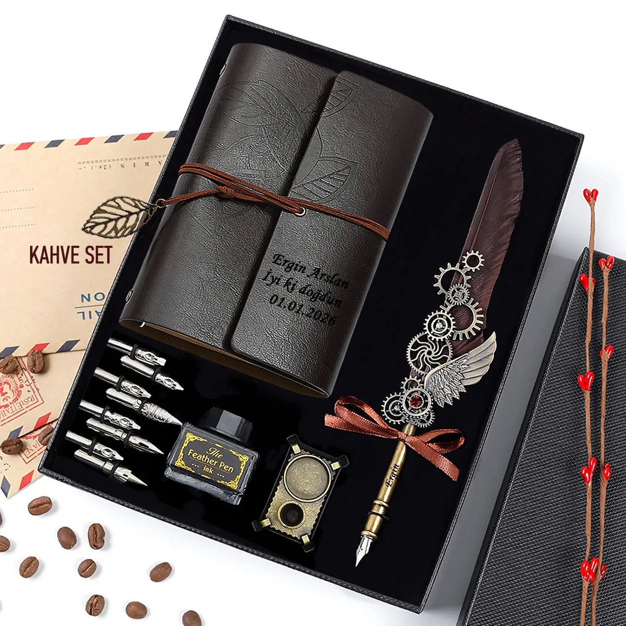 Kişiye Özel Steampunk Tüylü Divit Kalem, Anı Defteri ve Kaligrafi Seti | Mimara Hediye, Mühendise Hediye Kutusu