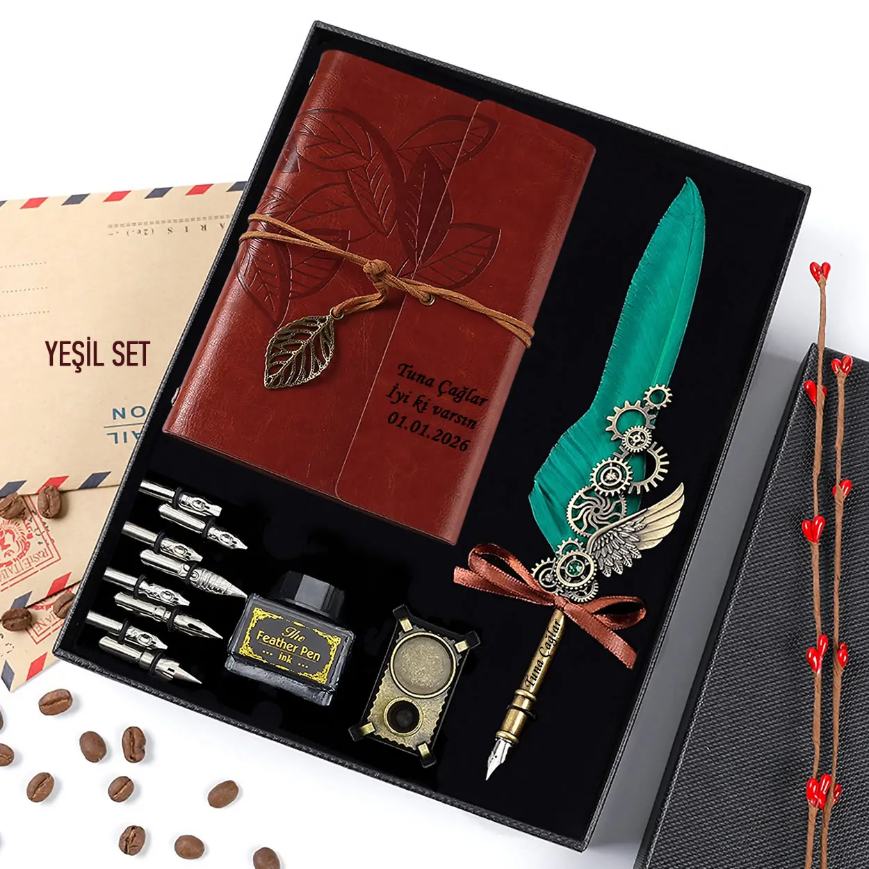 Öğretmene Hediye Kişiye Özel Yeşil Tüy Divit Kalem & Kahverengi Defter Seti - 8 Farklı Kaligrafi Ucu