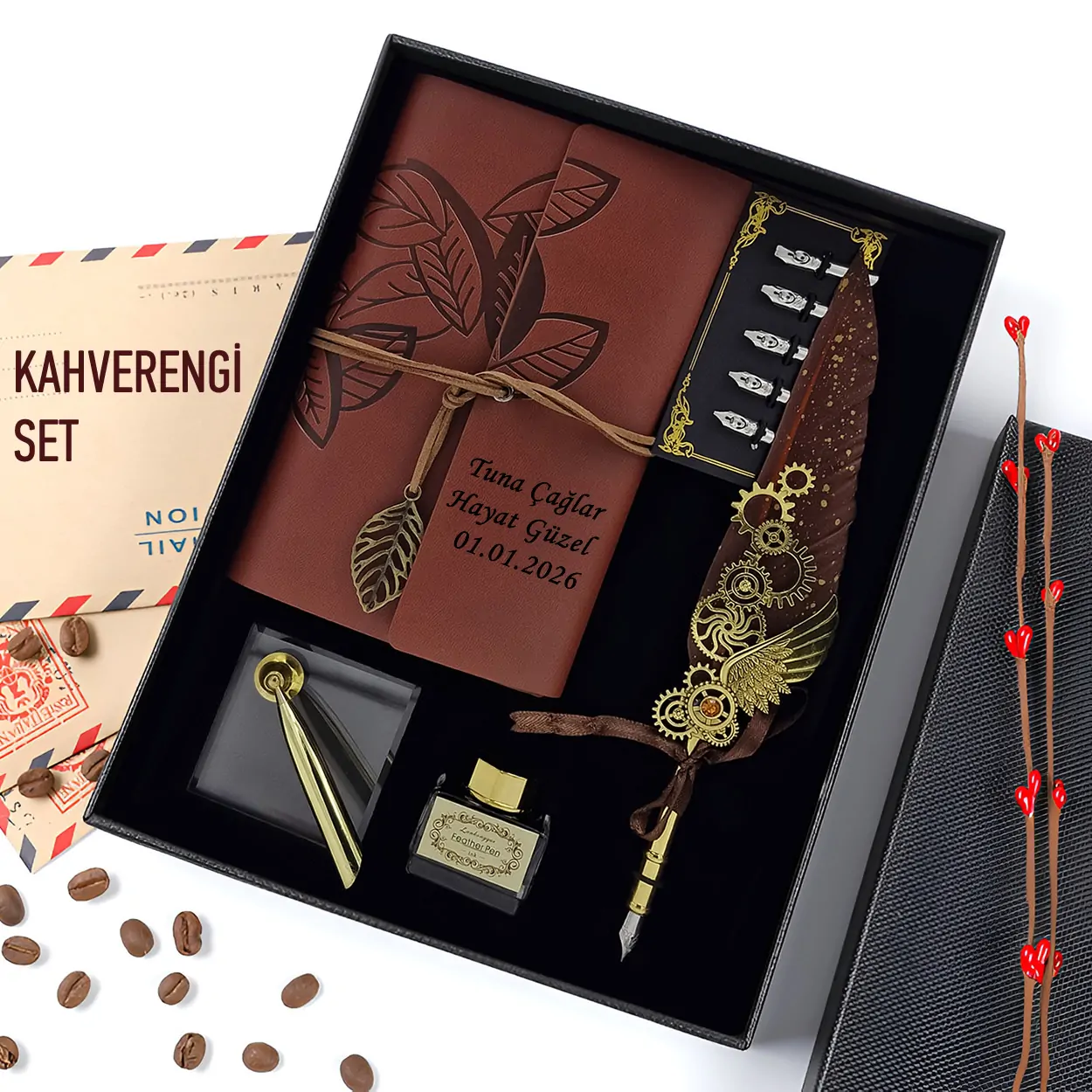 Kişiye Özel Kahverengi Tüy Kalemli Kurumsal ve Yıldönümü Hediyesi Kaligrafi Seti
