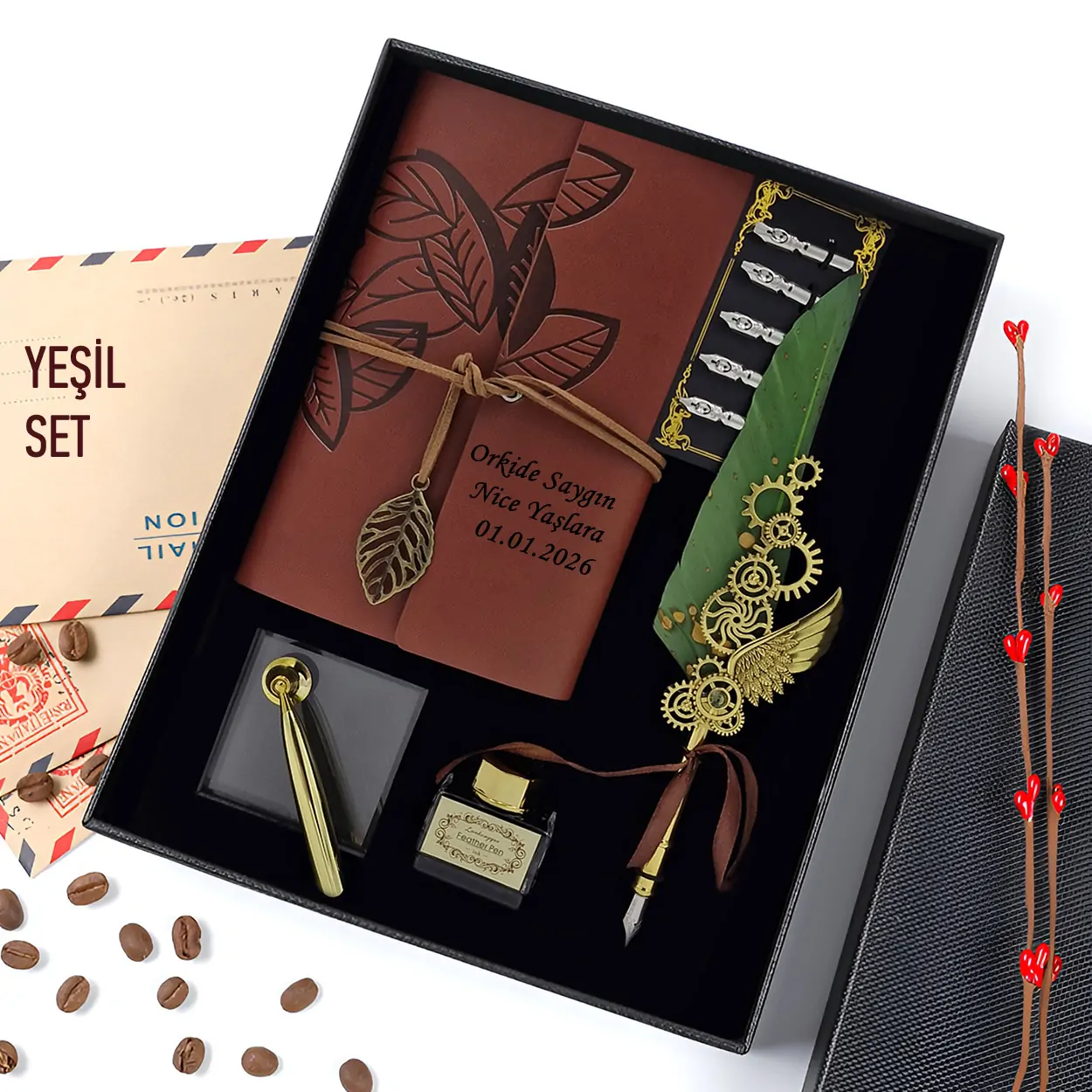 Kişiye Özel Yeşil Tüy Kalemli Doğum Günü Hediyesi Hatıra Defteri ve Kaligrafi Seti